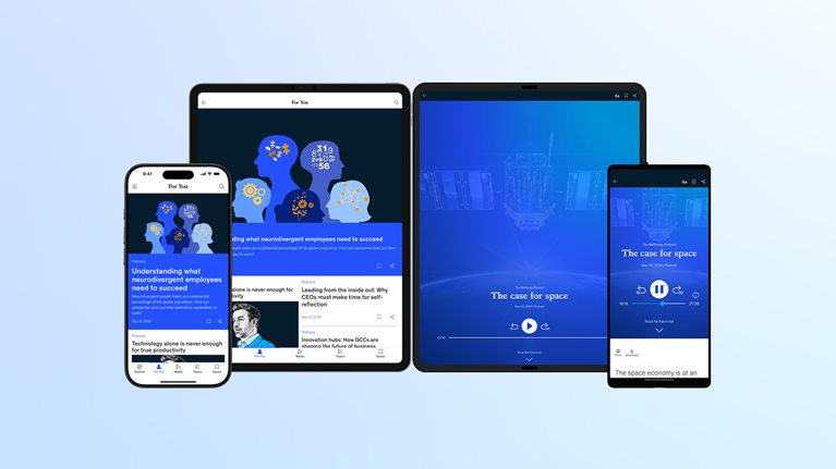 An iPhone, iPad, and an Android phone and tablet with the McKinsey Insights app installed.
