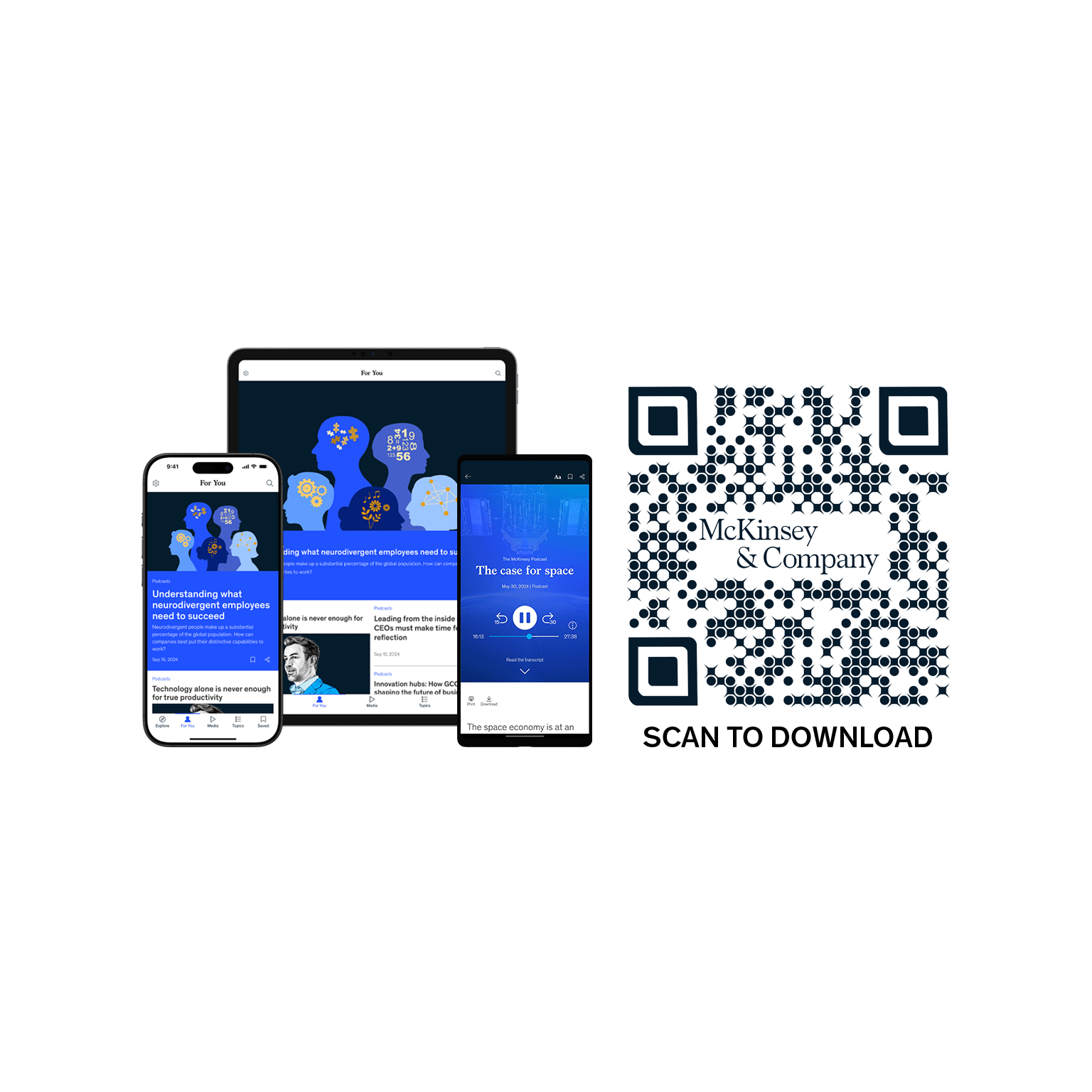 An iPhone, iPad, and Android phone with the McKinsey Insights app installed, shown next to a QR code that reads &#x27;Scan to download&#x27;