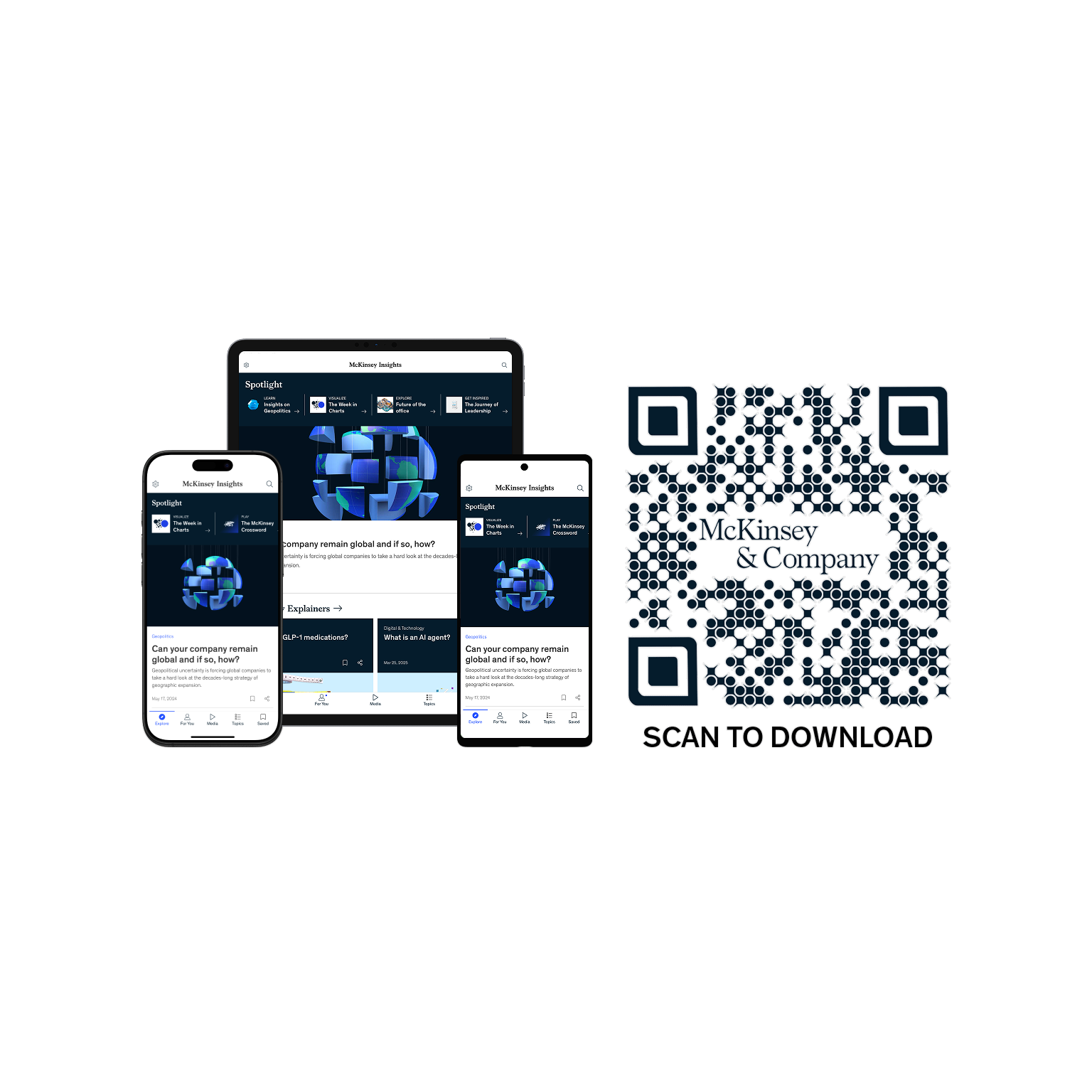 An iPhone, iPad, and Android phone with the McKinsey Insights app installed, next to a QR code that reads 'Scan to download'