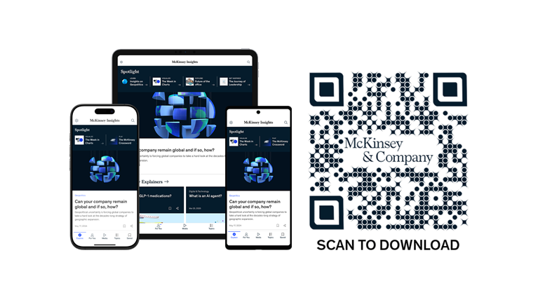 An iPhone, iPad, and Android phone with the McKinsey Insights app installed, next to a QR code that reads 'Scan to download'