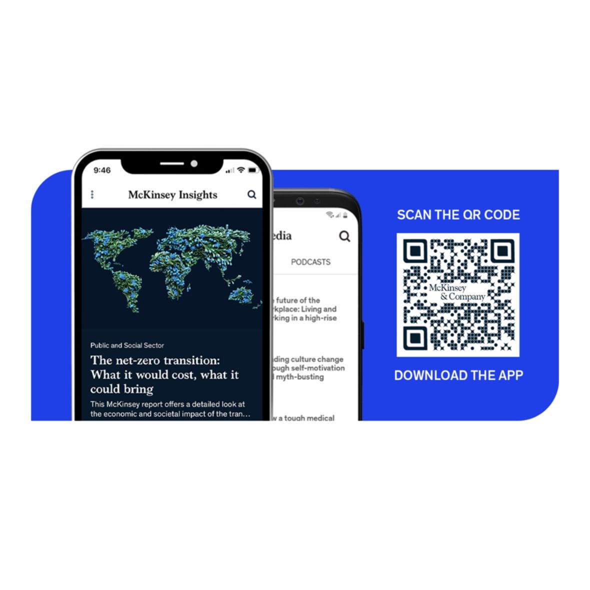 mobile phones displaying McKinsey Insights App and a QR code for download