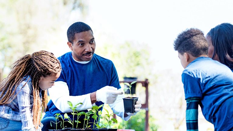 A black male volunteer teaches three black elementary age children how to plant seedlings in a community garden.