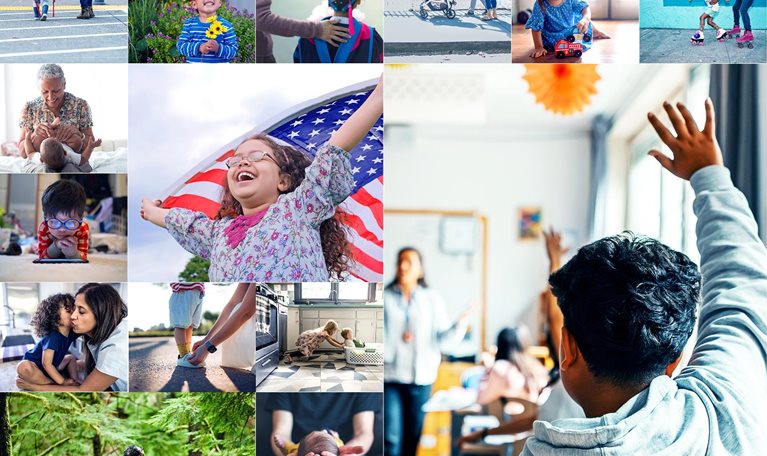 A video-style collage shows children, caregivers, housing, education, and play, illustrating life stages from birth to first-time homeownership and how upward economic mobility can positively impact a person’s life.