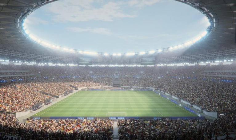 Day Aerial View of a Soccer Stadium During a Championship Match. the Field Is Surrounded by Enthusiastic Fans. Big Event with Happy Crowd.