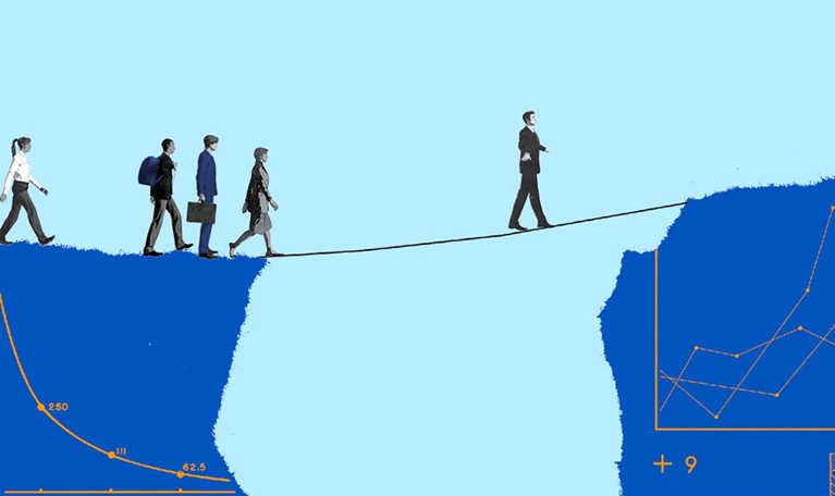 Between two mountain gorges embellished with charts, a tightrope stretches across the void. One CEO courageously makes his way forward, while the others stand back, watching him set the example.