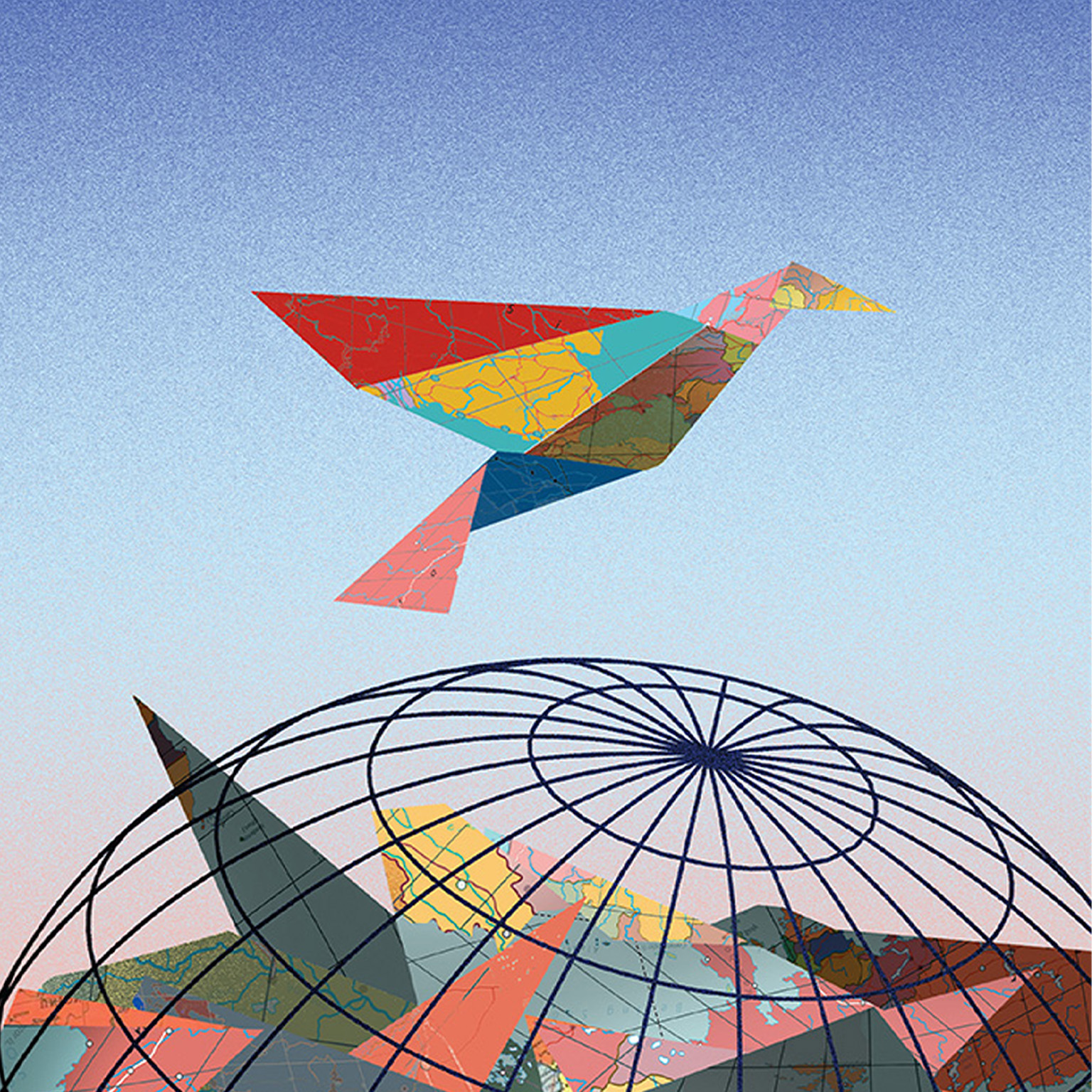 A energetic video showcasing McKinsey Quarterly's Q3 cover and interior spreads. The cover flashes on the screen first, and features a colorful map-patterned bird that flies above a globe-like wireframe filled with fragmented geographic shapes. A sampling of illustrations, data viz and dynamic layout presentations themed around AI, leadership and geopolitics follows.
