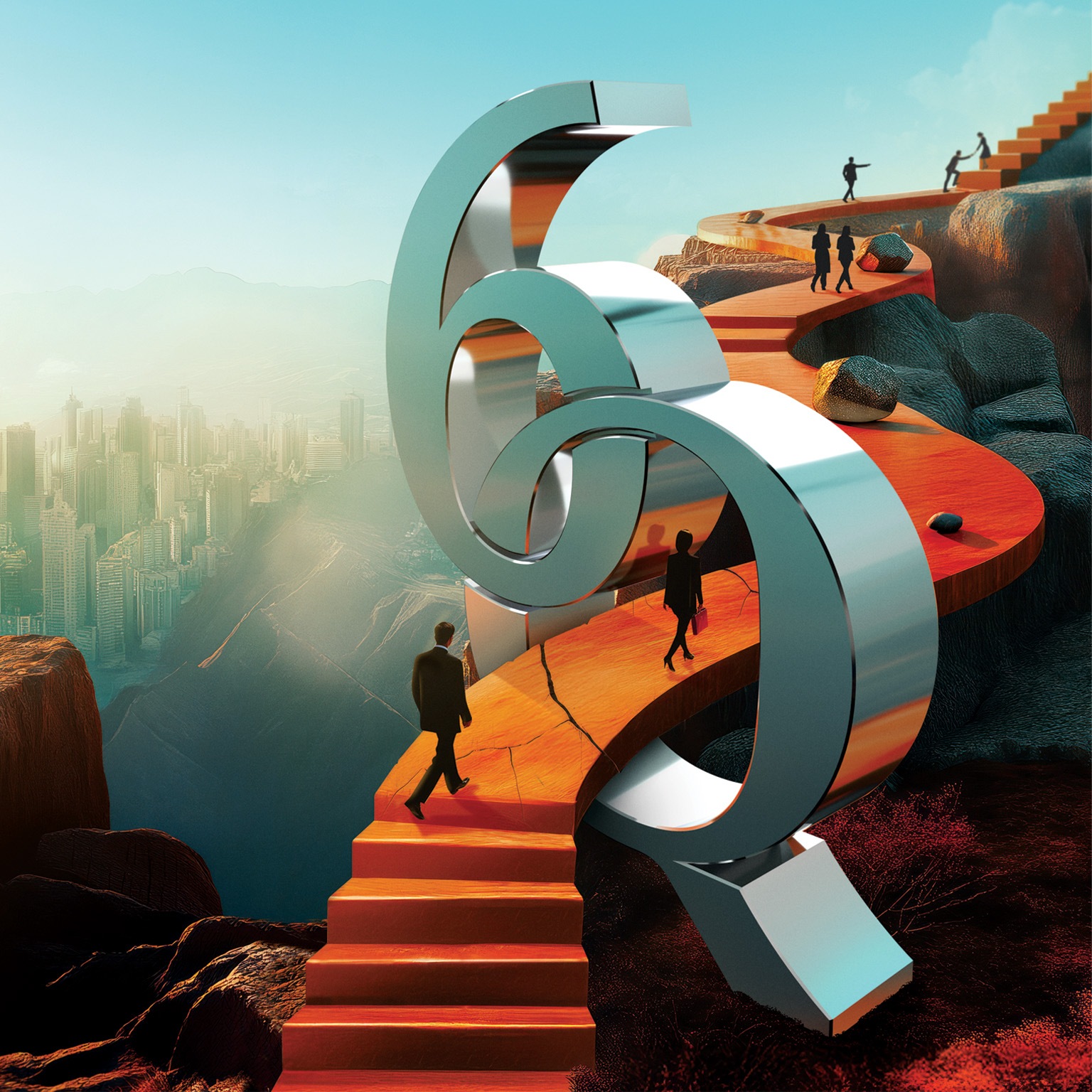 silhouettes of people walking through '6Q' to illustrate McKinsey Quarterly's 60th year