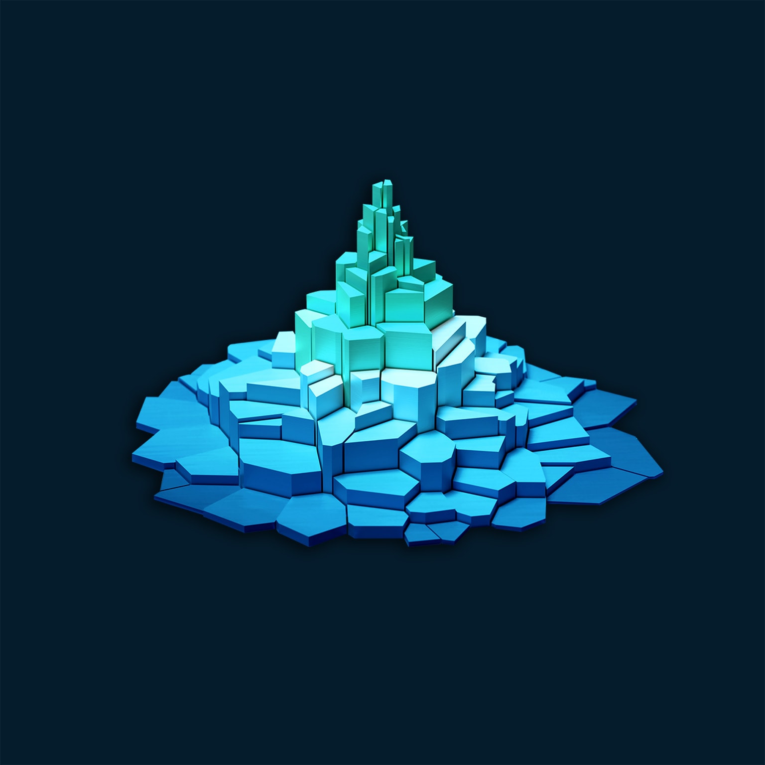 Digital generated image of 3D structure composed of hexagonal blocks arranged in a tiered formation, resembling a small mountain or tower