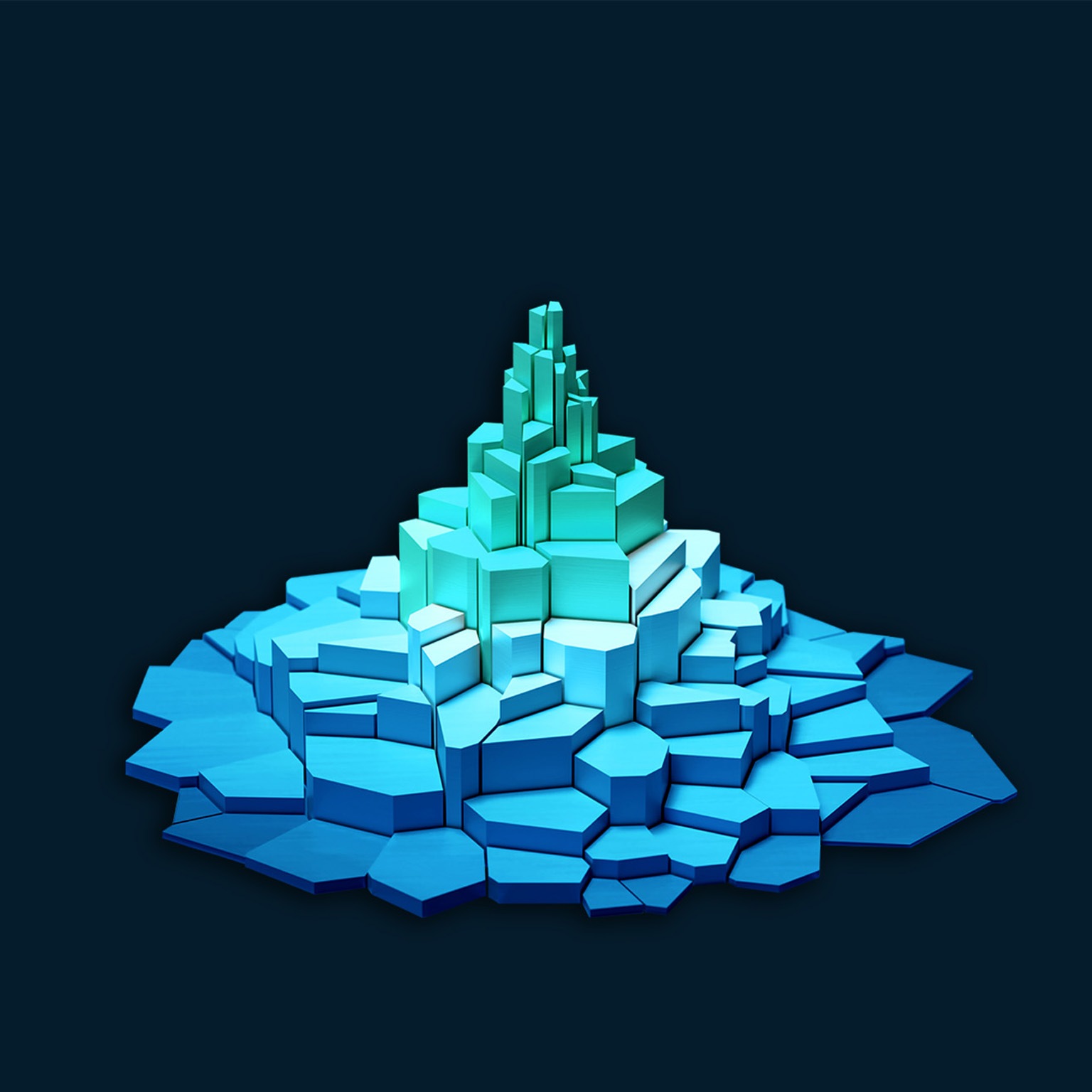 Digital generated image of 3D structure composed of hexagonal blocks arranged in a tiered formation, resembling a small mountain or tower