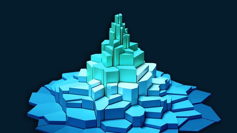 Digital generated image of 3D structure composed of hexagonal blocks arranged in a tiered formation, resembling a small mountain or tower