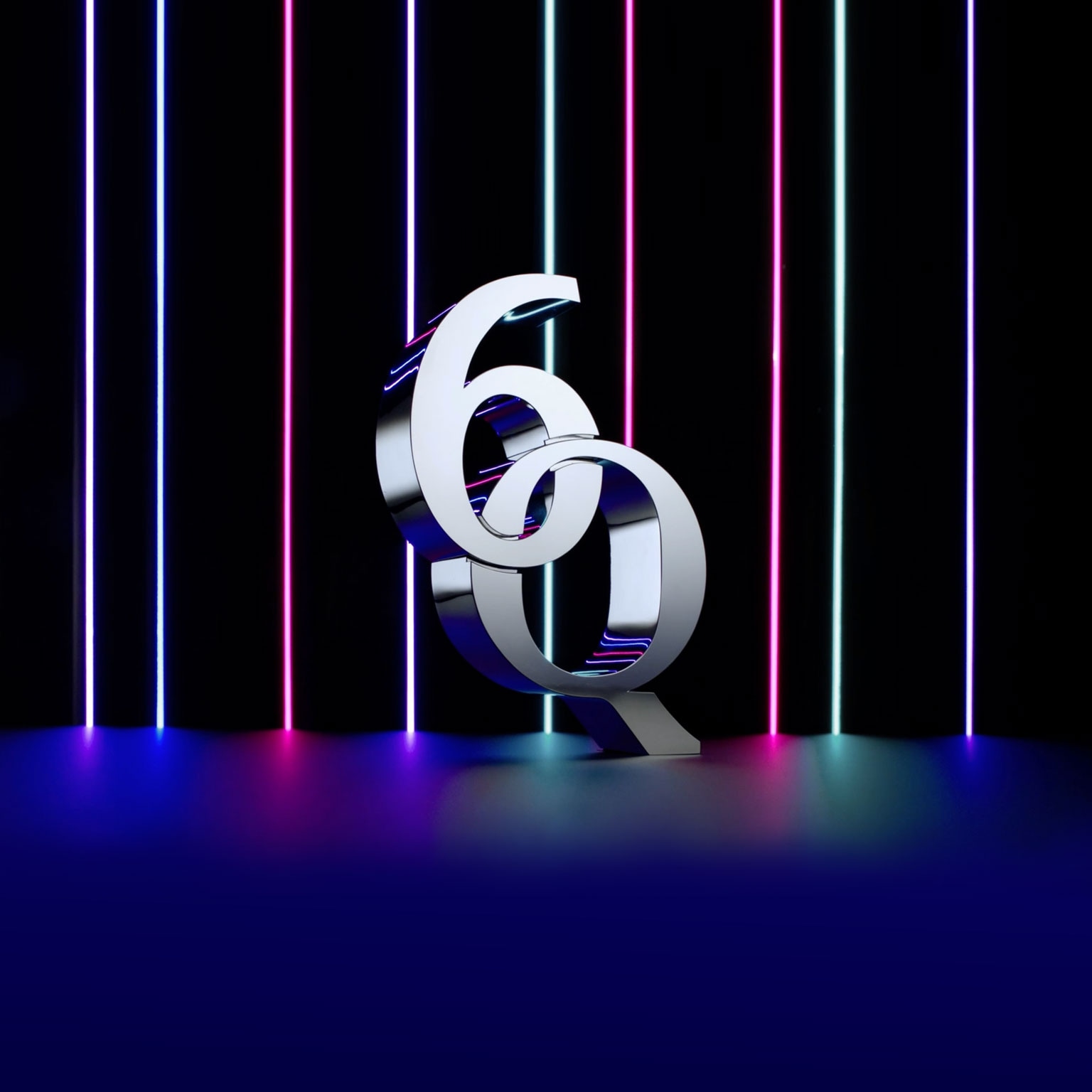 Rainbow lasers flashing down over '6Q' to illustrate McKinsey Quarterly's 60th year
