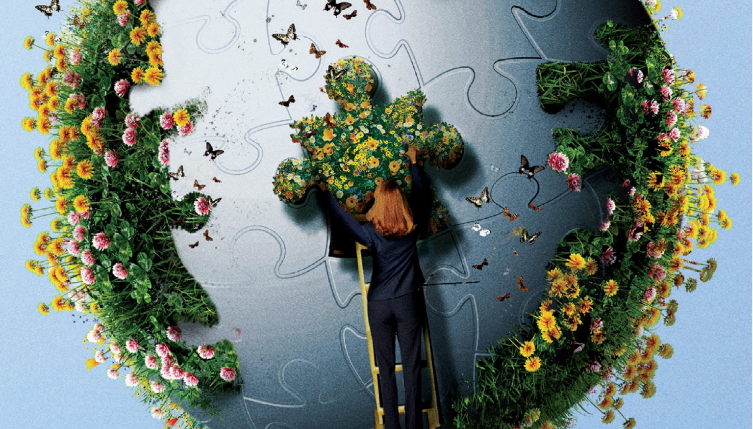 illustration of a woman attaching a puzzle piece of a globe onto a wall 