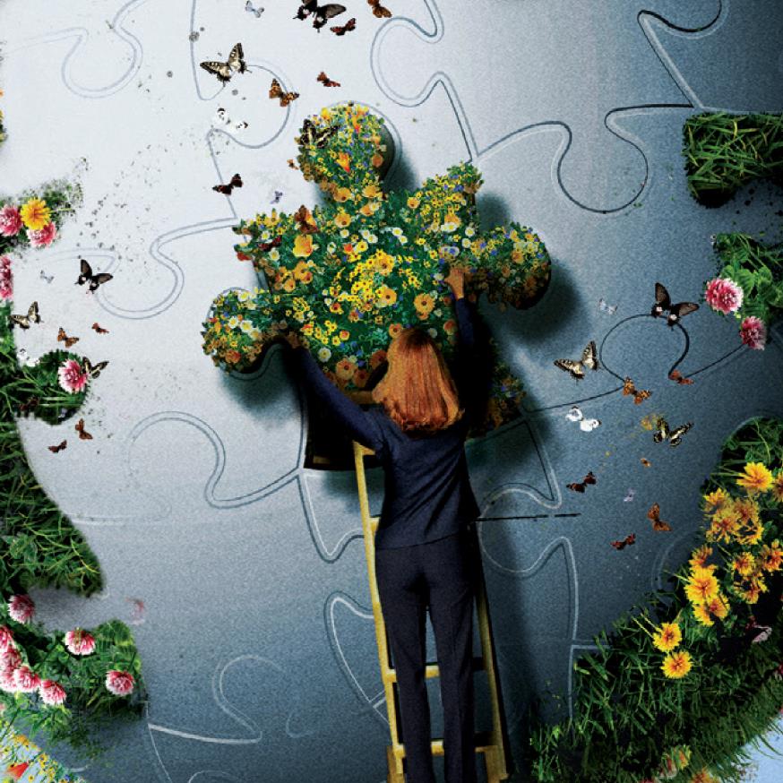 illustration of a woman attaching a puzzle piece of a globe onto a wall