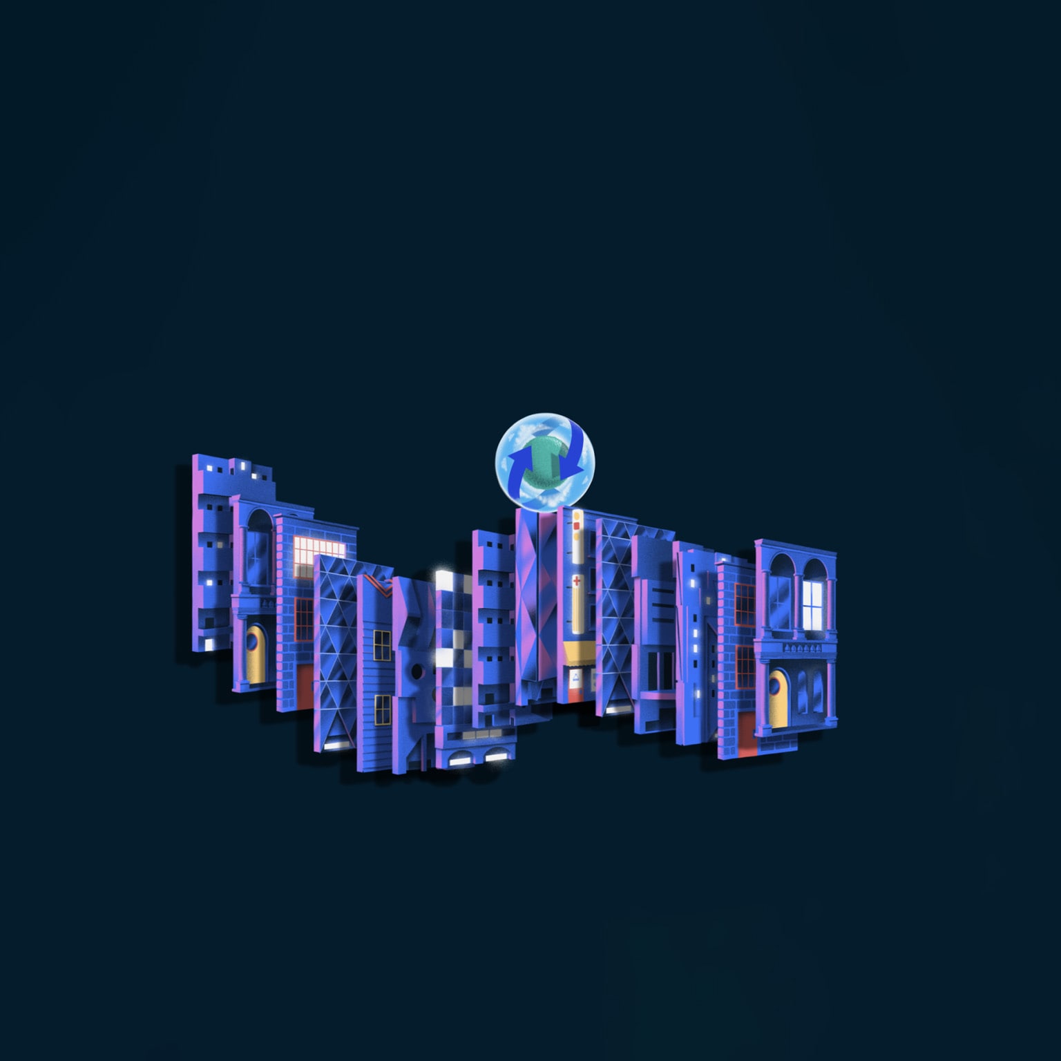 An image of a cityscape composed of individual segments of building facades in various shades of blues and purples. The building segments are arranged like dominoes from back to front in a wave-like pattern. On top of the building segments sits a transparent sphere containing a smaller green globe encircled by two blue recycling arrows, symbolizing sustainability