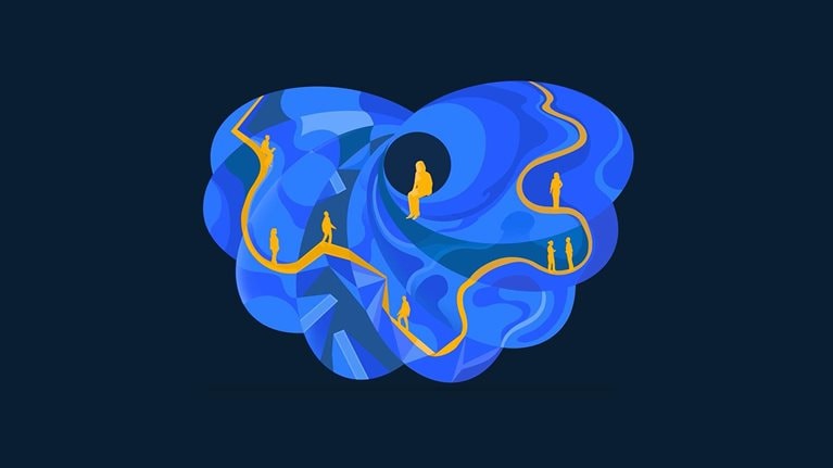 A figure sits in a contemplative pose within a circle as the petals begin to unfold, revealing a wild and chaotic pattern. In a moment of introspection, the light transforms from muted to vibrant, highlighting the fresh designs on the petals. Surrounding the figure, people engage with each other, each positioned along a path that weaves them together.