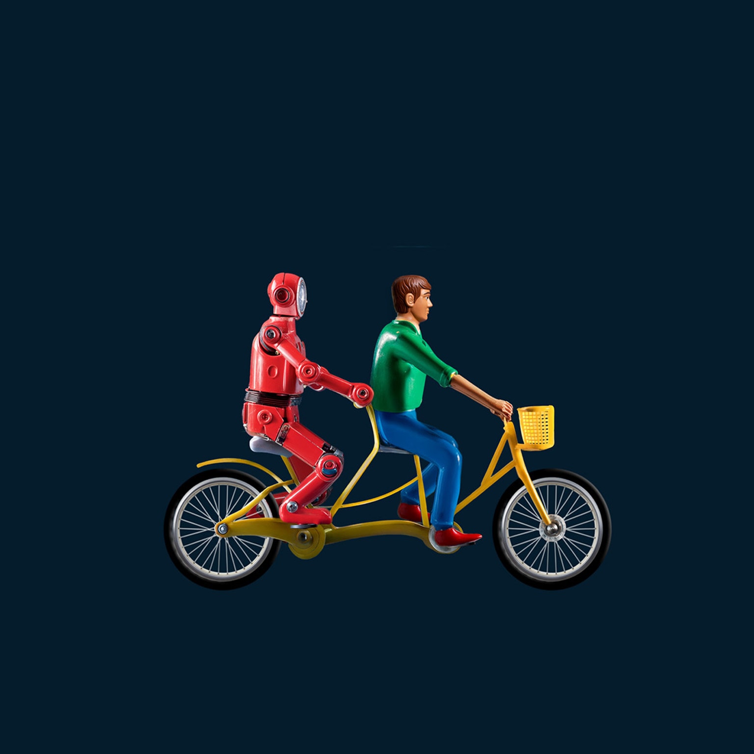 A 3D rendering of two toylike figures riding a tandem bicycle. The figure in the front seat is a person, representing a human worker. A robot, representing AI, sits in the back seat, pedaling the bike along with the human worker. 