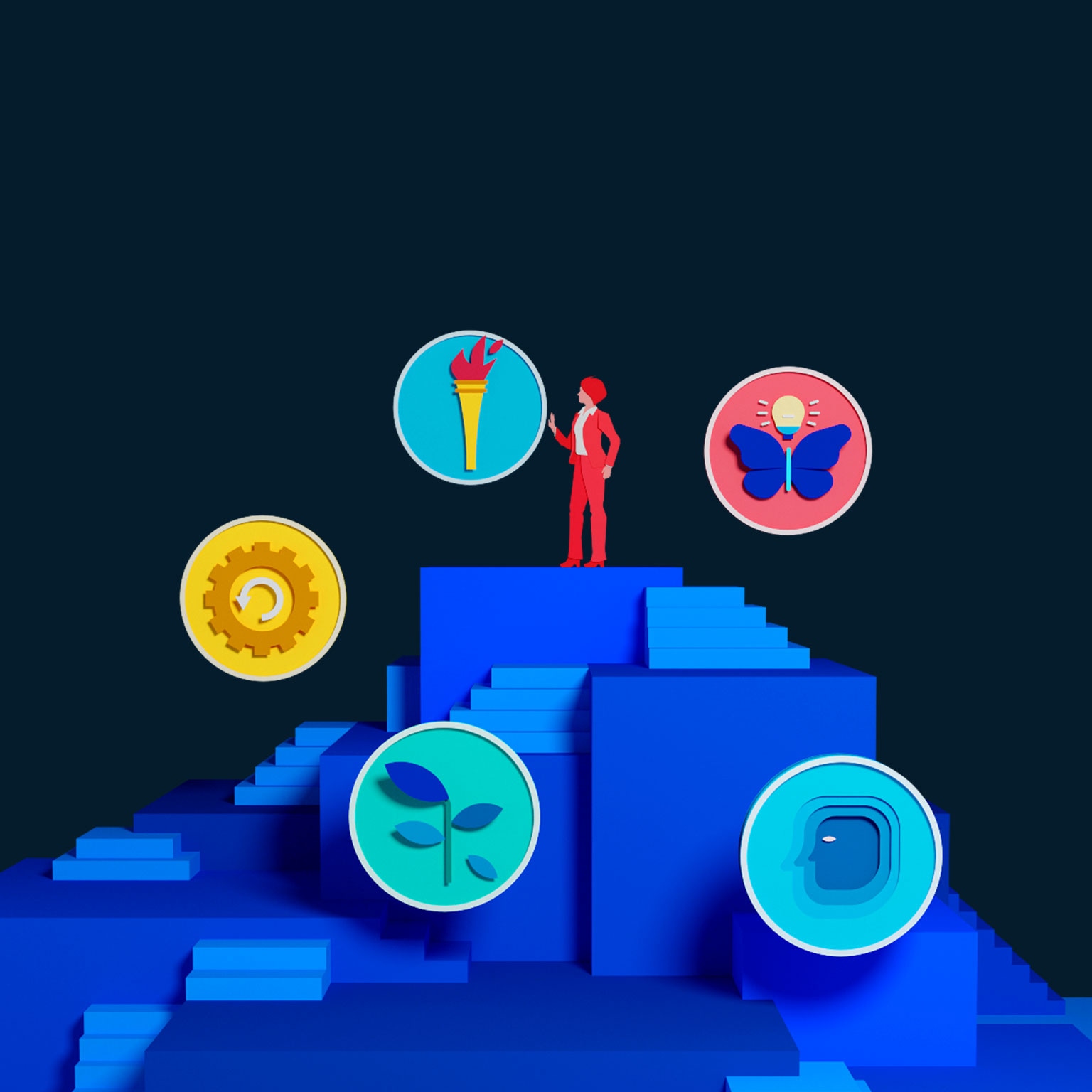 An animation of a female business executive ascending a structure with different sets of steps leading to the top. Along her path to the top, the executive encounters various circular icons, which, after the executive touches them, spin to reveal accompanying images. The icons represent the different stages of the executive’s CEO journey.