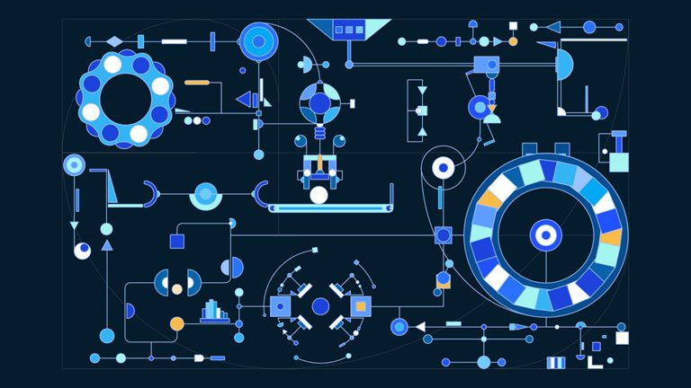 Abstract animation of colorful geometric shapes moving through an interconnected system, combining and transforming before accumulating in a large circular form that represents the business value created from AI investment.