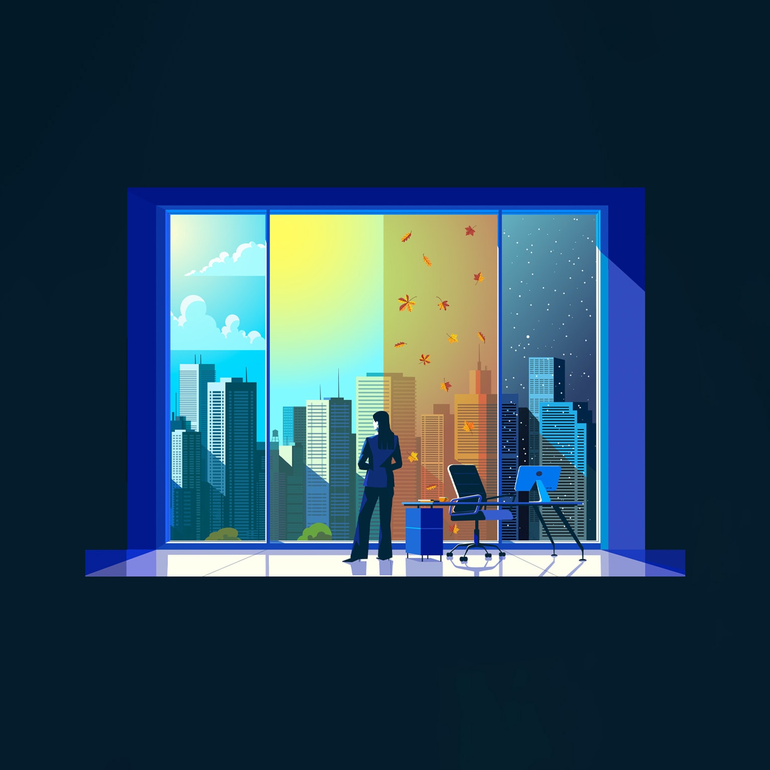 An image of a business executive inside a modern office building. The executive stands next to a desk with a computer and office chair and looks out a set of floor-to-ceiling windows onto a broad cityscape. The windows are divided into four sections, each depicting a different season and time of day. The first section shows a morning, springtime scene, with a blue sky and white clouds; the second, a sunny, summer setting; the third, an autumn-like scene, with an orange and yellow sky and falling leaves; and the fourth, a nighttime, winter setting, with snow falling across the city.