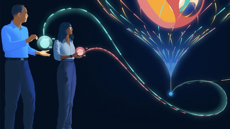 An image of three people standing against a dark background, each holding and interacting with a glowing orb. Colorful lines flow from the orbs into a bright, funnel-like shape containing a large, abstract geometric sphere floating in its center.