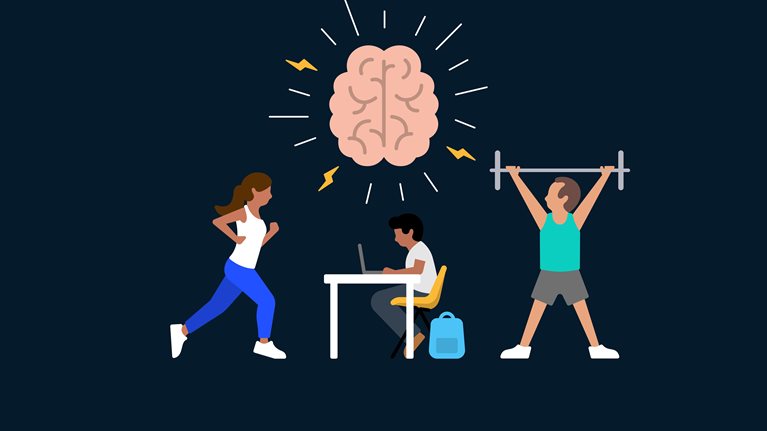 An illustration of a brain with white radiating lines and yellow lightning bolts emitting from it. Below the brain are three people, representing different physical activities: on the left, a person jogging; in the center, a person working at a desk, with a laptop and a backpack; on the right, a person lifting a barbell overhead. The image reinforces the connection between physical and mental exercise and overall brain health.