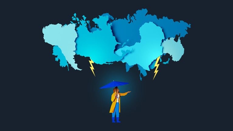 An image of a person wearing a raincoat holding an umbrella. The person has an outstretched hand as if trying to check if it’s raining. Overhead, cutout images of the world’s continents are arranged in a jumbled, overlapping manner and are shaded to look like storm clouds. Bolts of lightning emit from the group of continents.