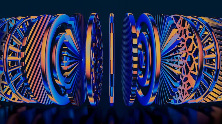 An image of a symmetrical arrangement of abstract, 3D, disc-shaped objects. The shapes feature various patterns, including concentric circles, spokes, and intricate lattice structures, and are arranged vertically, fanning out symmetrically to the left and right. The objects are shaded in vibrant gradients of metallic blue, orange, and yellow. 