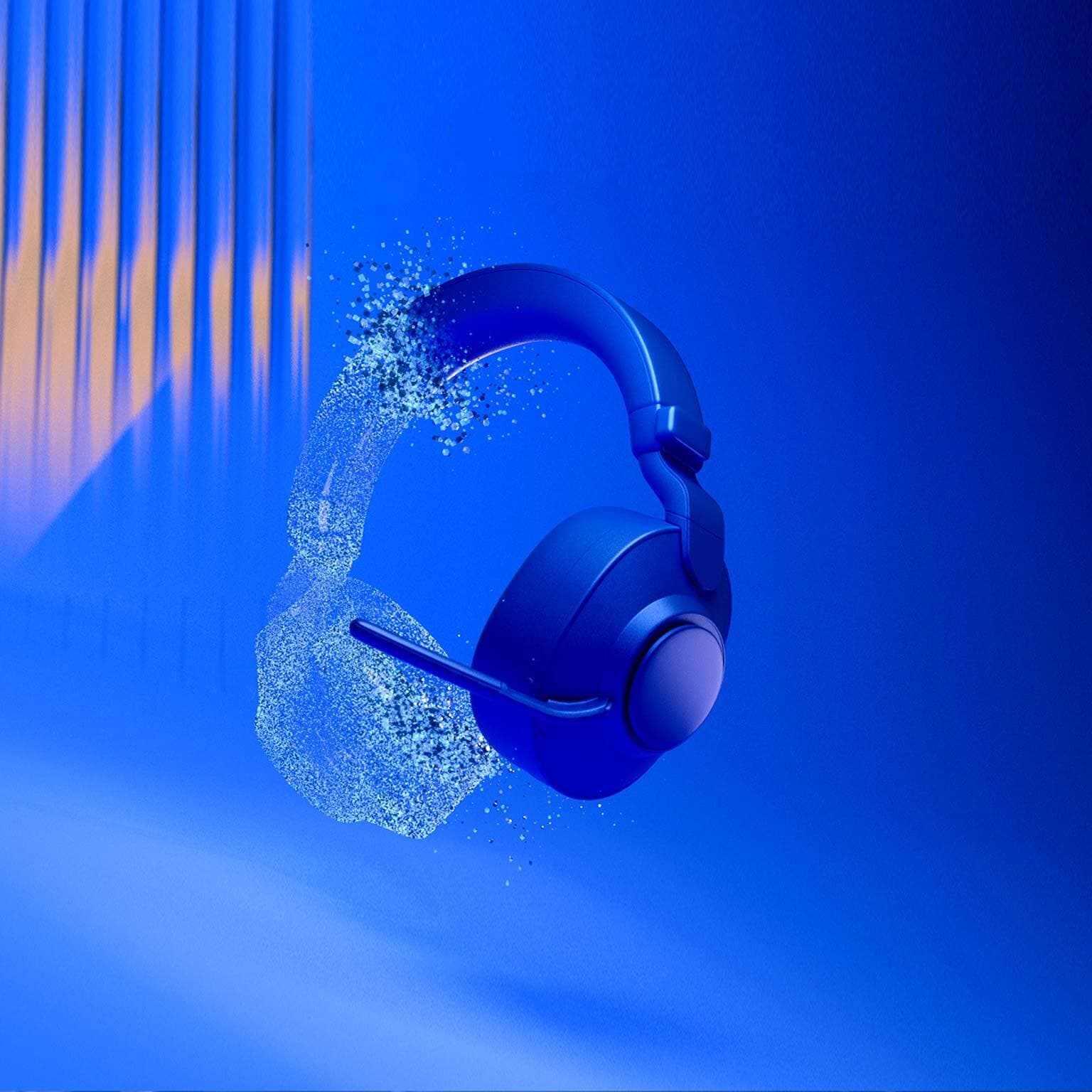 A digital image showing a pair of 3D rendered headphones floating over a multicolored background