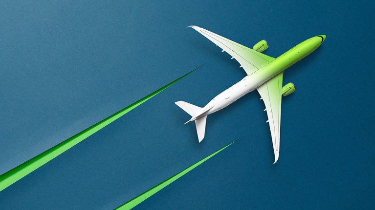 Illustration of a plane with green jet steams 
