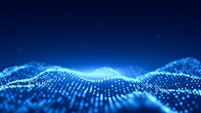 Wave Abstract Innovation Technology Digital Network Blue Background with Defocused Particles