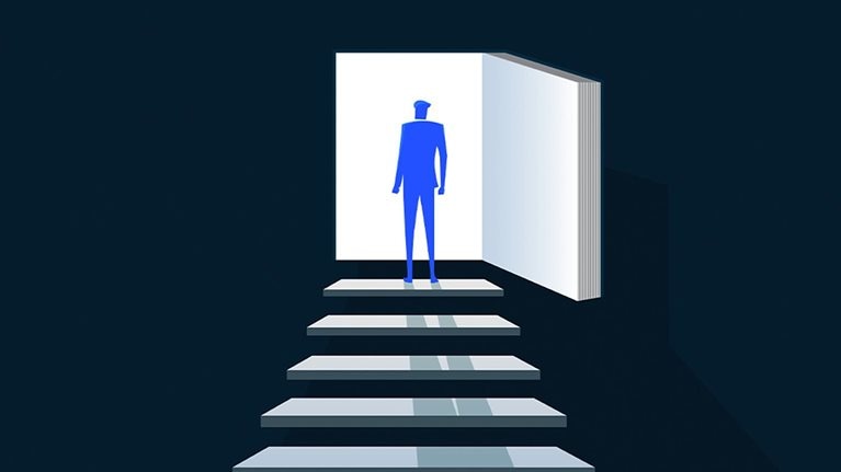 Illustration of man standing at top of stairs, facing into open doorway.