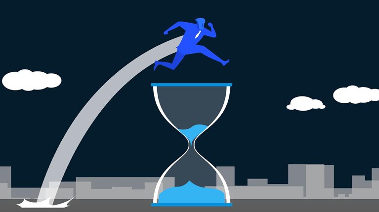 Man jumping over hourglass with sense of urgency. - stock illustration
