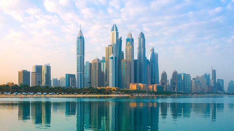 Dubai - View to the skyscrapers of the district Marina - stock photo