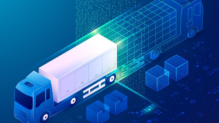 Twin logistics concept, showing a truck being loaded overlapped with a digital representation of a truck facing in the opposite direction. - stock illustration