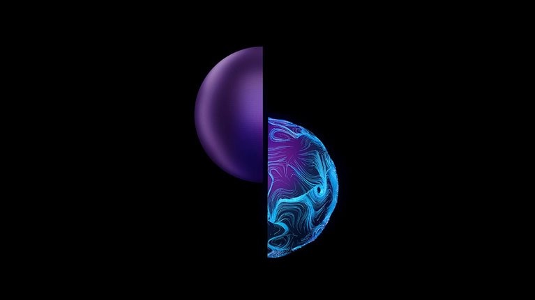 Contrast Hemispheres. Digital generated image of two different texture hemispheres made out of glowing blue turbulent swirl connections on the rights side and dark purple plastic on the left side separated and making impact to each other on black background. - stock photo