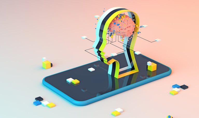 Abstract 3D representation of artificial intelligence: a stylized silhouette of a head with a pixelated brain placed atop a cell phone, surrounded by a network emanating from the head.
